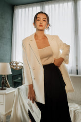 Double-Breasted Silk Blazer with Notched Lapel and Tailored Longline Silhouette